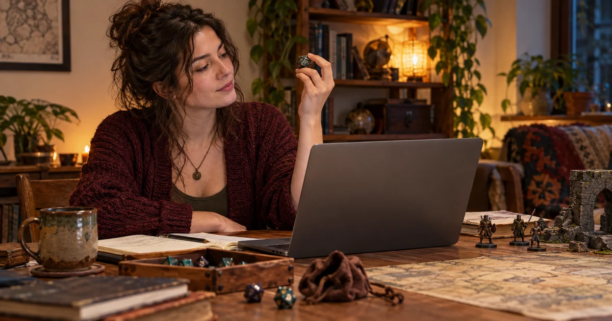 A fictional adult player checks a die beside a laptop at a roleplaying table.