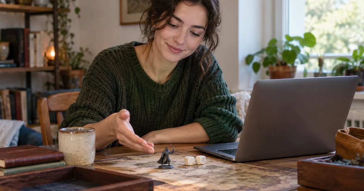 A fictional player gestures toward a miniature beside two plain dice and a laptop with its screen hidden.