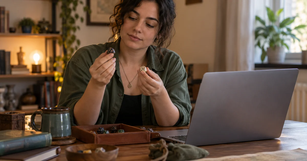 A fictional player compares dice beside a laptop with its screen hidden; AI-generated illustration.