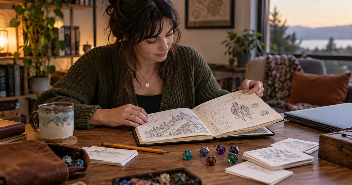 Fictional player reviewing a character notebook beside dice and cards.