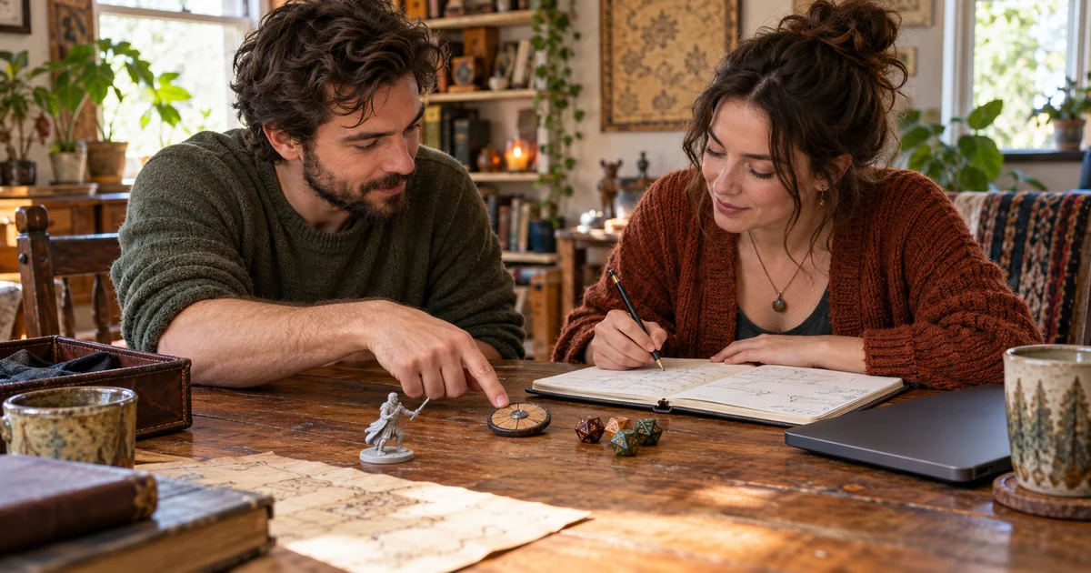 Two adults review a notebook beside a generic shield token and dice.
