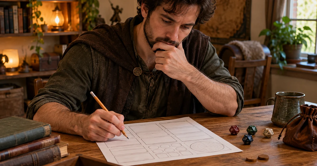 Fictional player checking a character sheet with pencil and dice on a table.