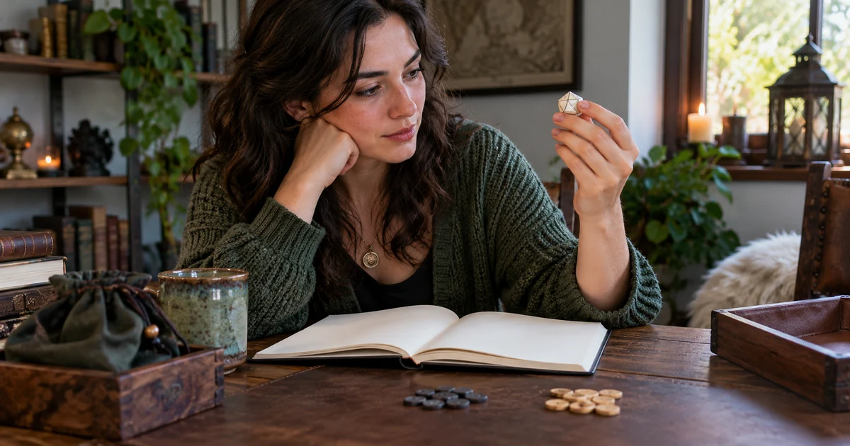 A tabletop player reviews notes beside a die and neutral counters; illustrative scene.