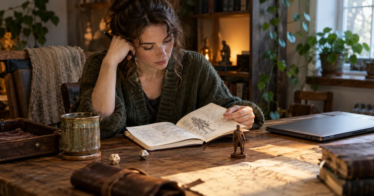 A fictional adult reviews a character notebook beside dice and a figure, with a closed laptop.