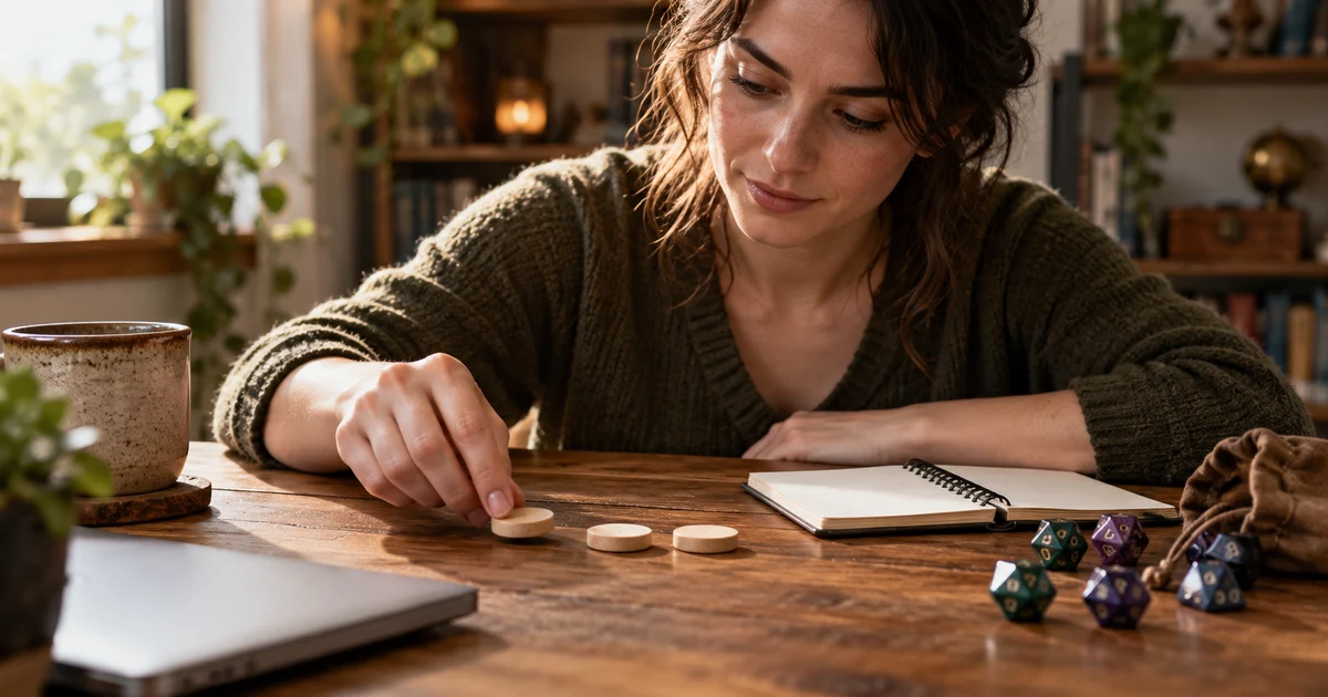 A fictional adult moves one of three wooden tokens beside dice and a blank notebook.