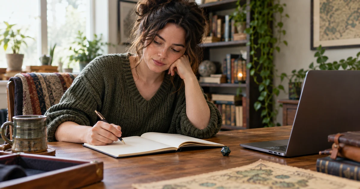A fictional player reviews a character note beside a die and laptop with its display hidden.