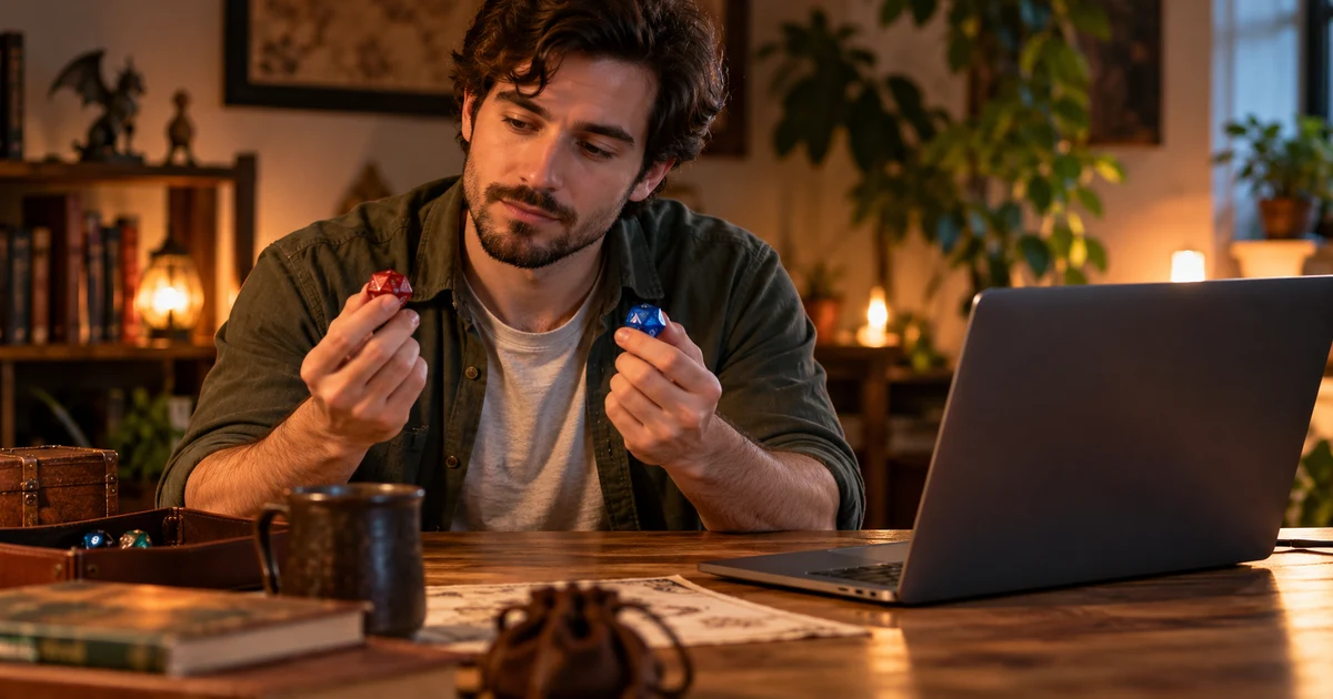 Fictional roleplaying player considers two dice beside a laptop with its display hidden.
