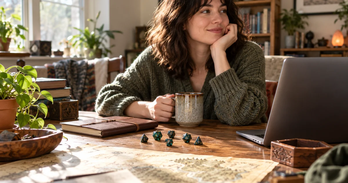 Jugadora ficticia de rol con dados y portátil al inicio de una sesión tranquila.
