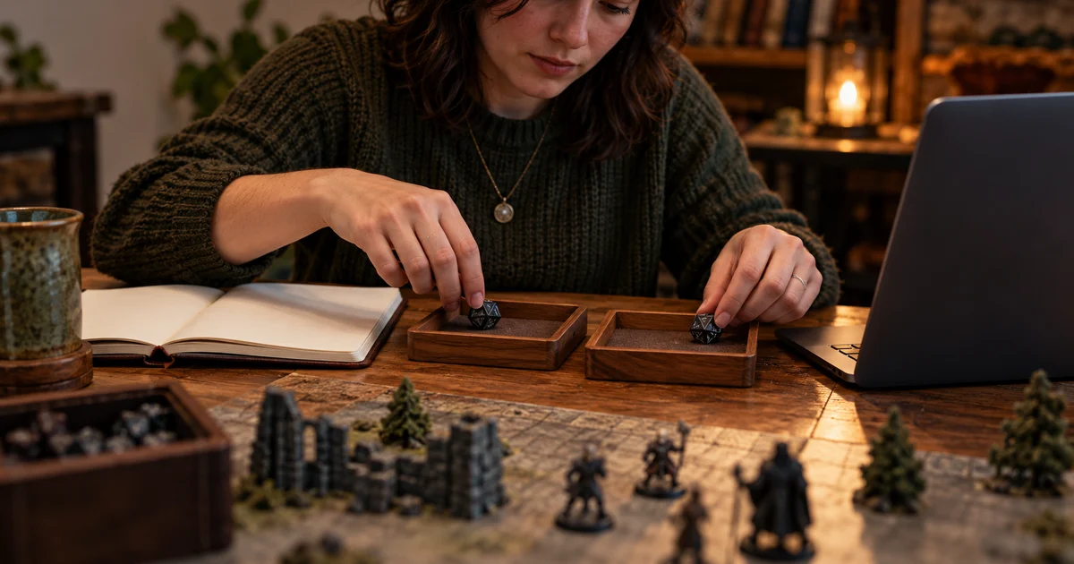 A fictional player separates two dice into trays beside a laptop facing away.