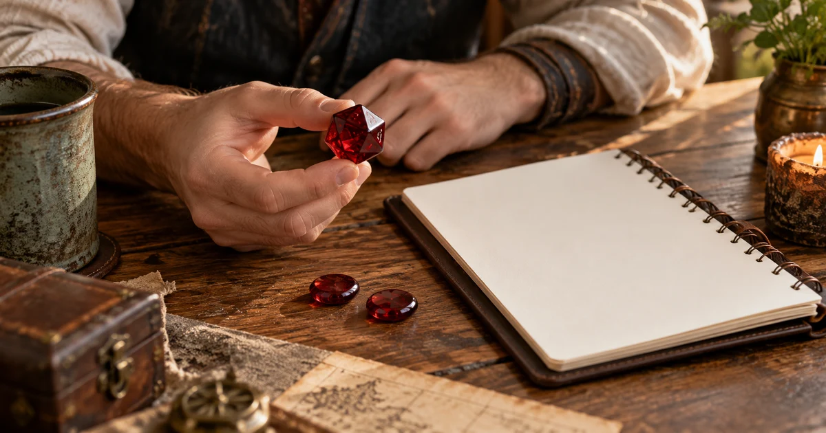 Fictional adult hands beside a red die, two red tokens and a blank character notebook.