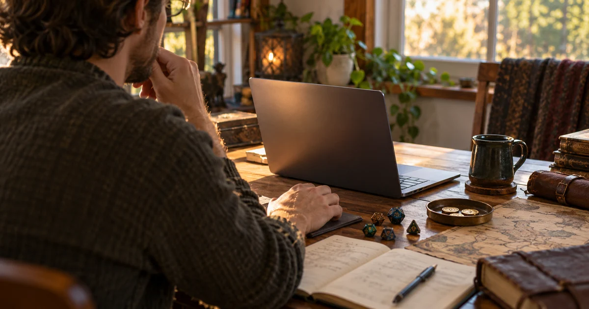 Fictional player with a laptop, dice and small counters on a table.