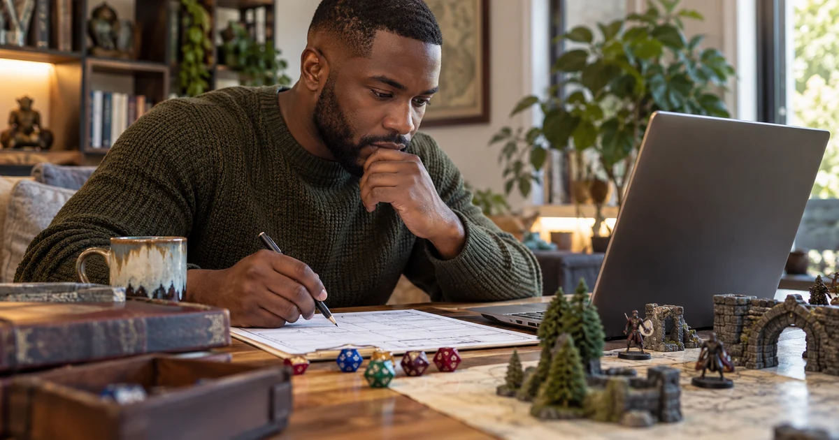 Fictional adult player reviewing an unreadable character sheet beside dice and a laptop facing away.
