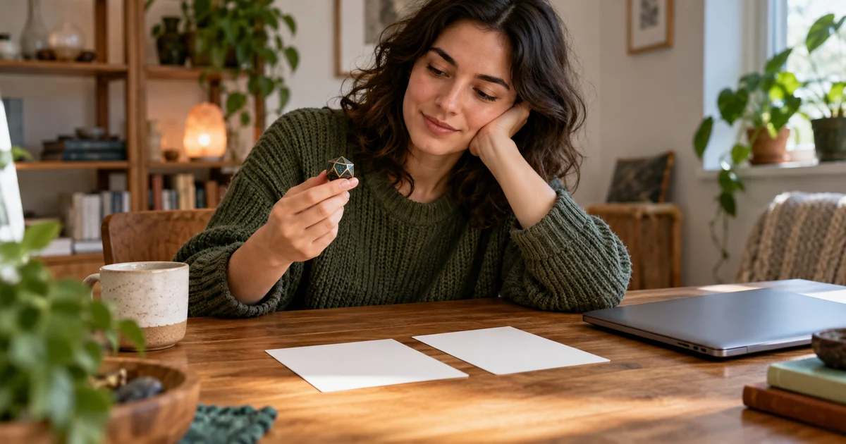 A fictional adult player holds a die beside two blank cards and a closed laptop.
