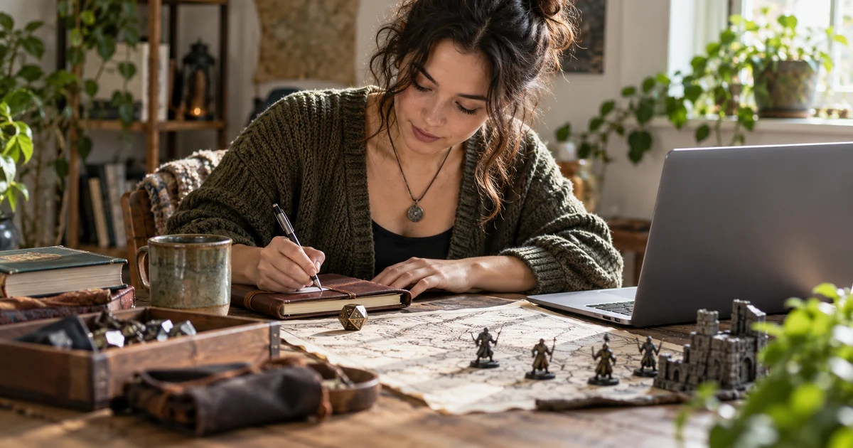 Jugadora ficticia revisa un cuaderno con dados y un portátil sin pantalla visible.