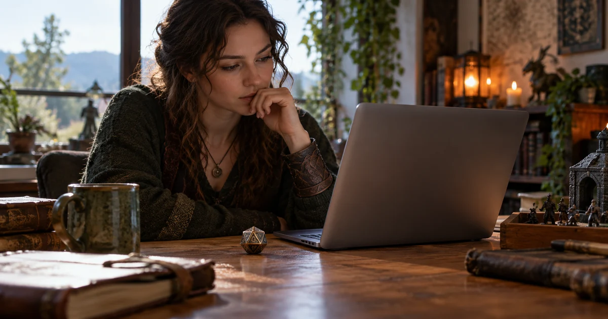 A fictional player considers a decorative die beside a laptop with its screen hidden.