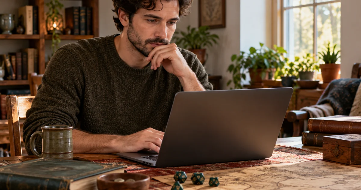 Fictional player checking a laptop beside dice, without violence or a visible screen.