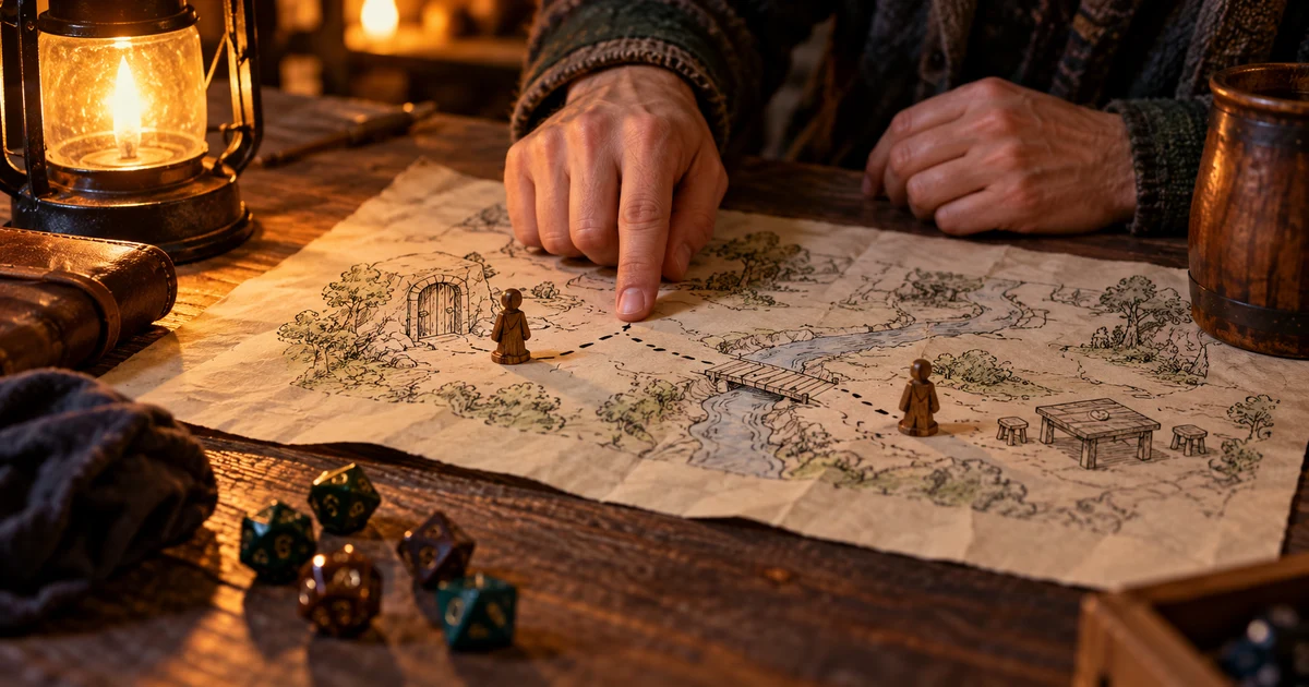 Adventurer markers on a paper map with a bridge and a path.