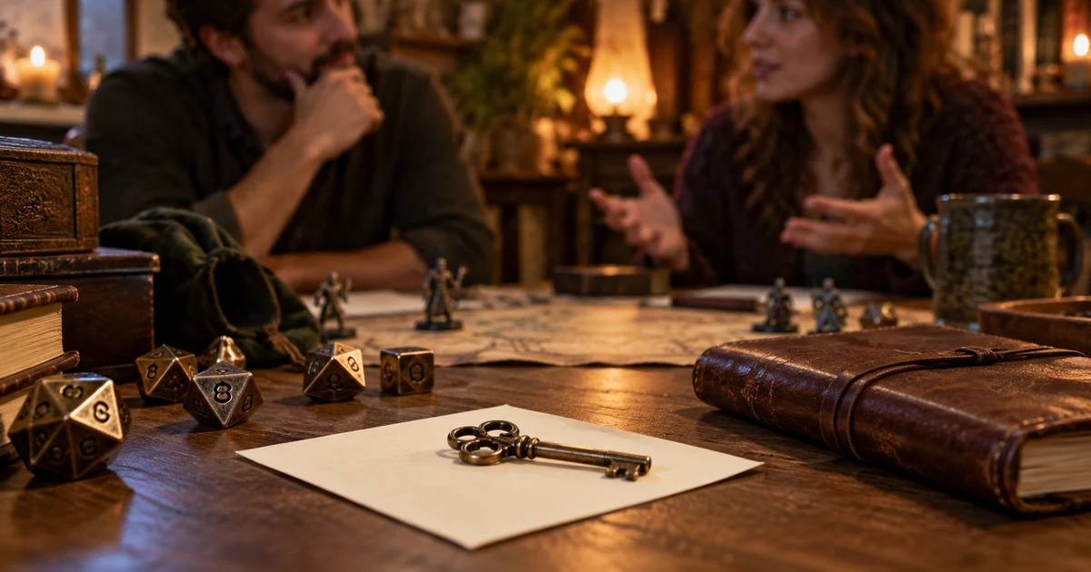 Fictional key on a blank card beside dice and a notebook during an illustrative roleplaying scene.