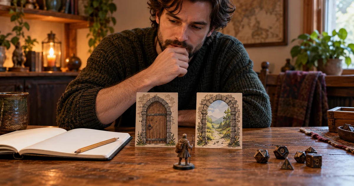 A fictional player considers door and archway cards beside a notebook and dice.