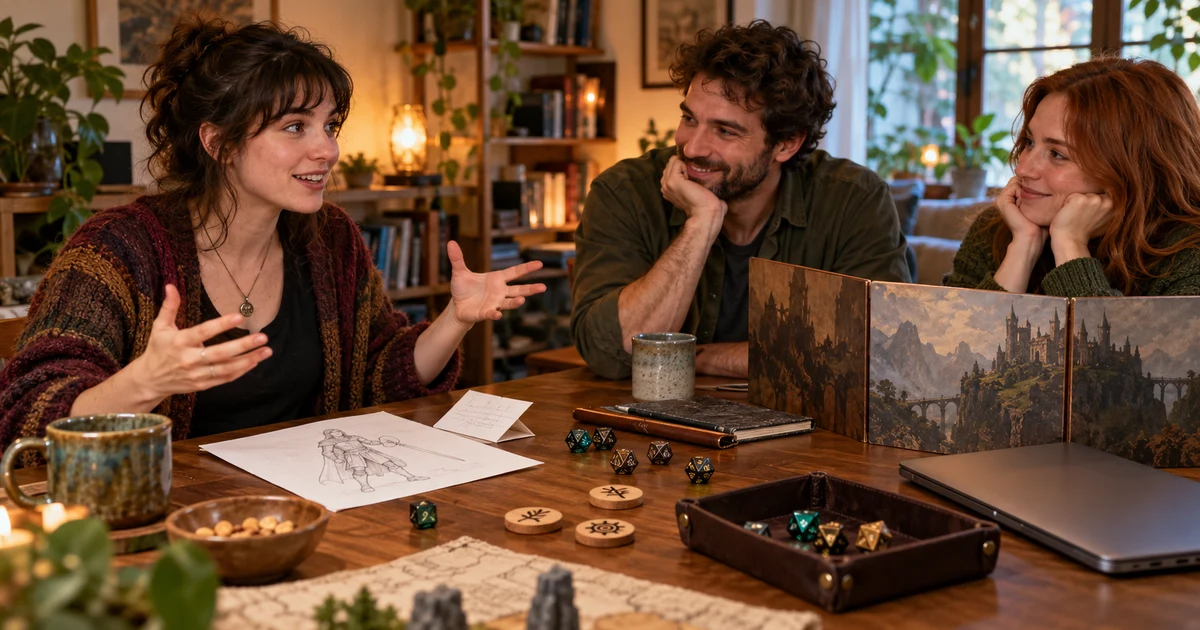 Fictional adults sharing a character introduction with folded notes and dice on the table.