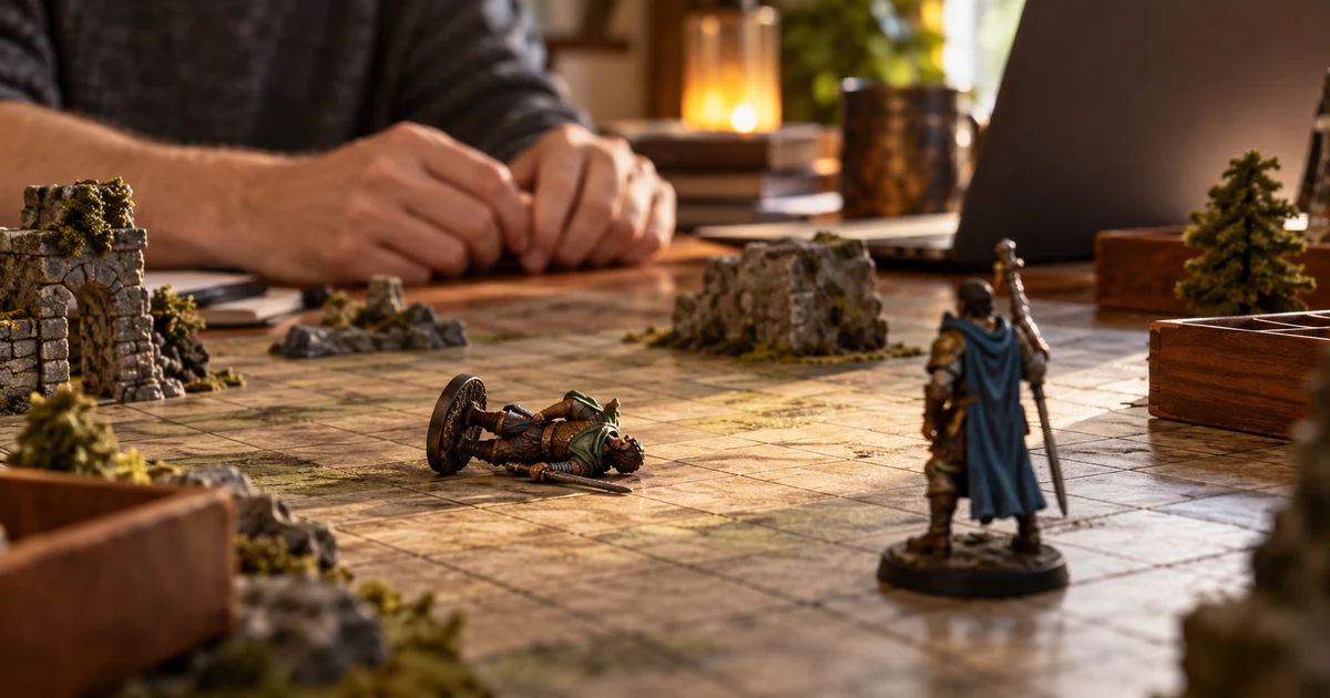 Generic miniatures, one lying down and one standing, on an illustrative gaming table.