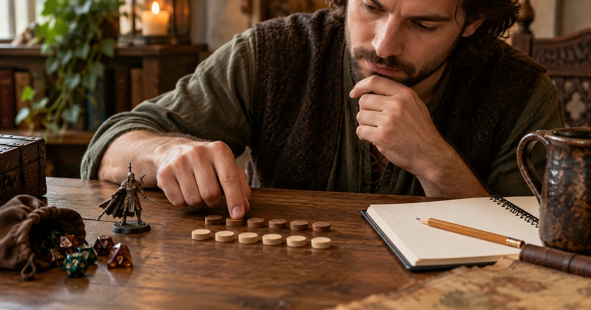 A fictional adult checks two rows of wooden counters beside a notebook and dice.