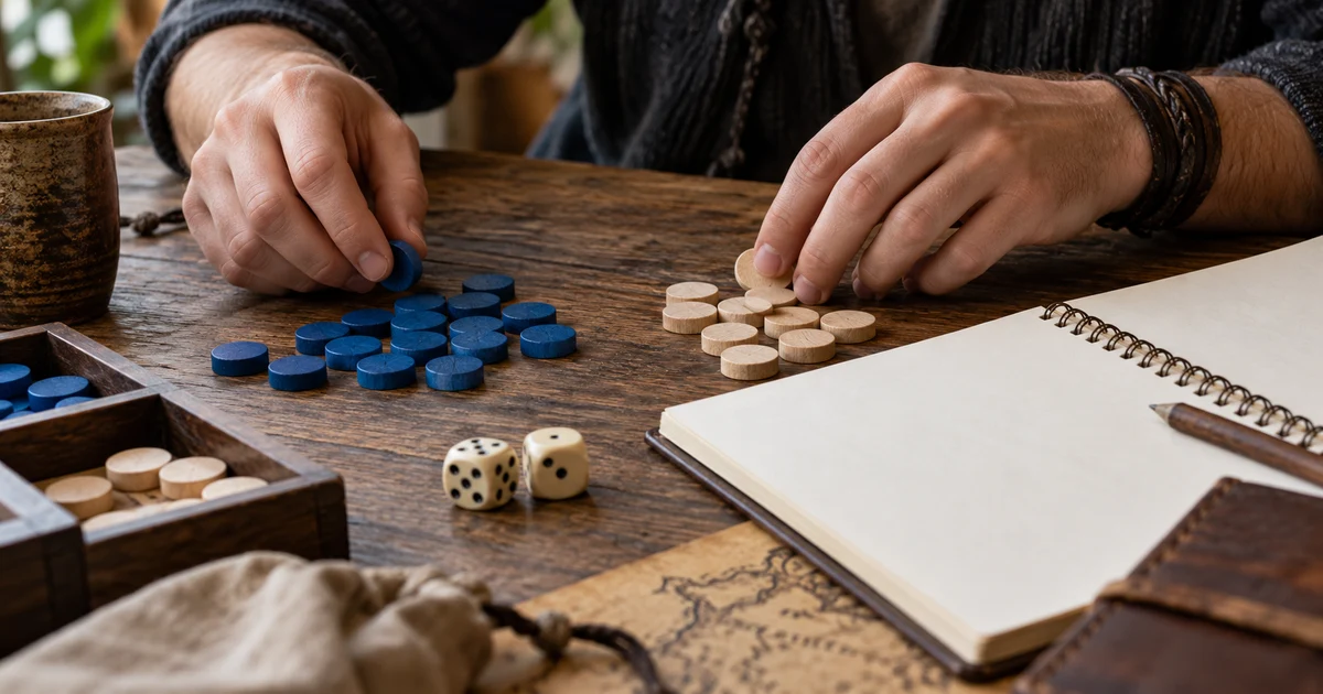 Adult hands separate blue and natural wooden counters beside dice and a blank notebook.