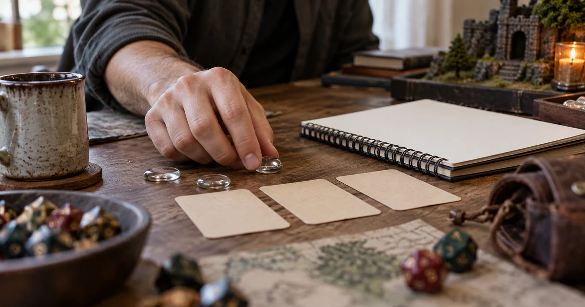 A fictional adult hand moves a glass marker beside three cards and a blank notebook.