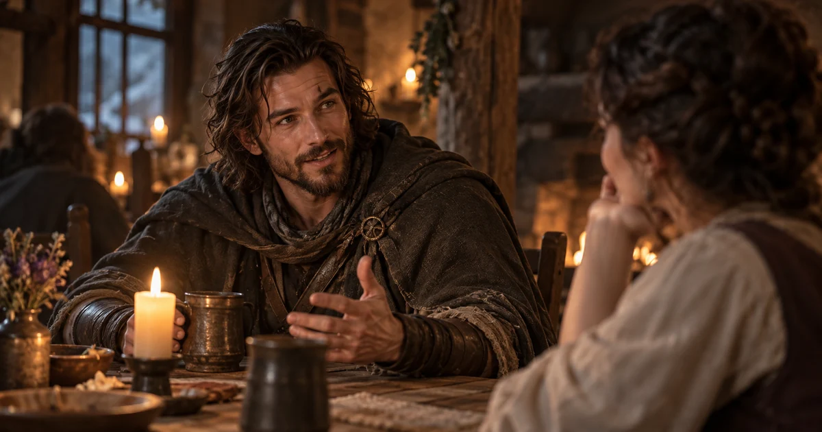 A fictional traveller with a small eyebrow scar talks at an inn.