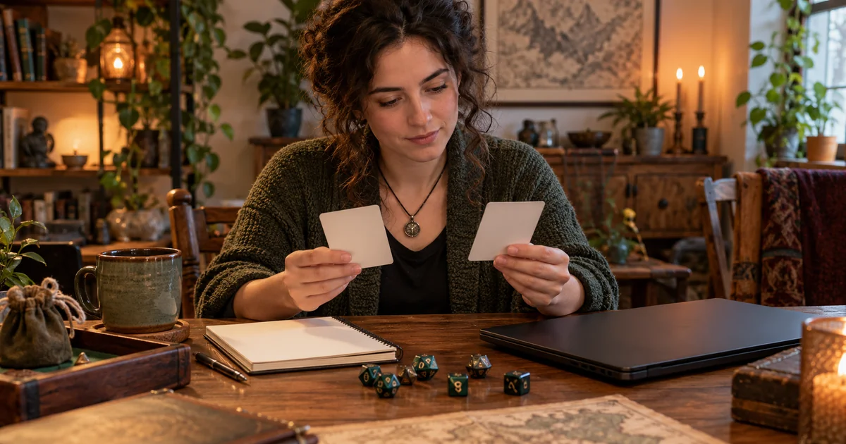 A fictional adult compares blank cards beside dice, a notebook and a closed laptop.