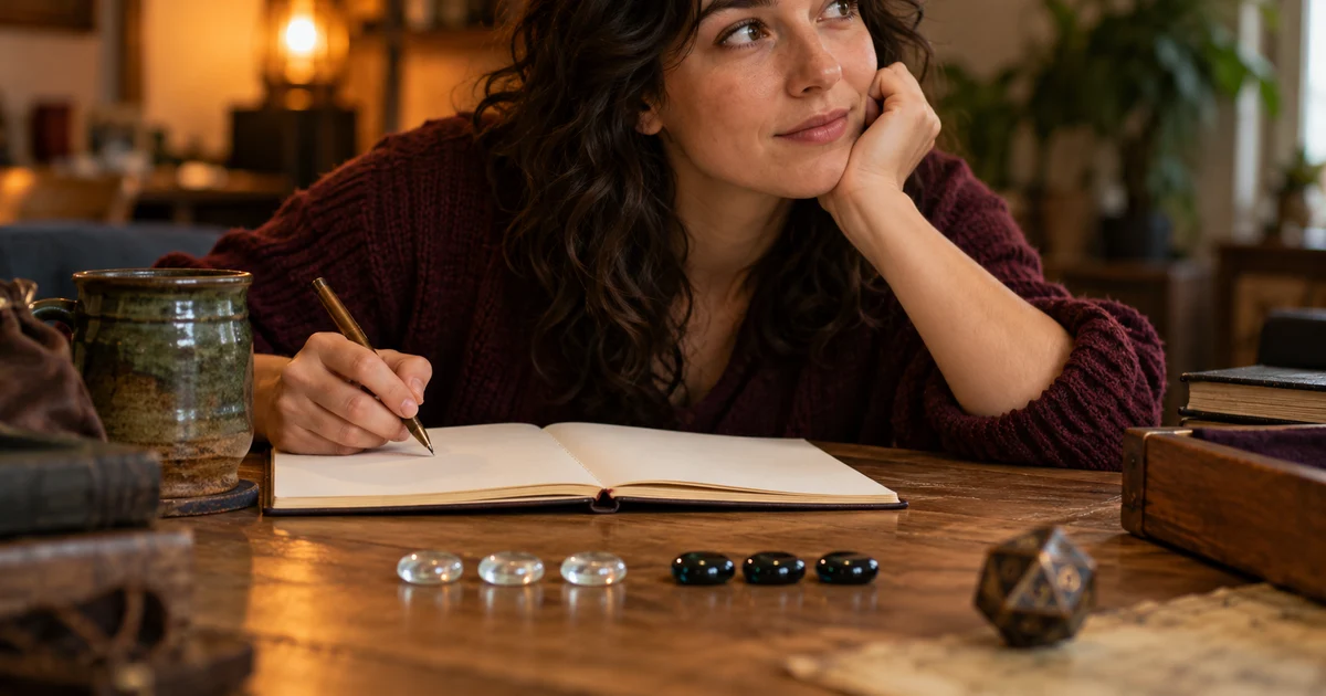 An adult prepares a paper character note with three pale and three dark markers.