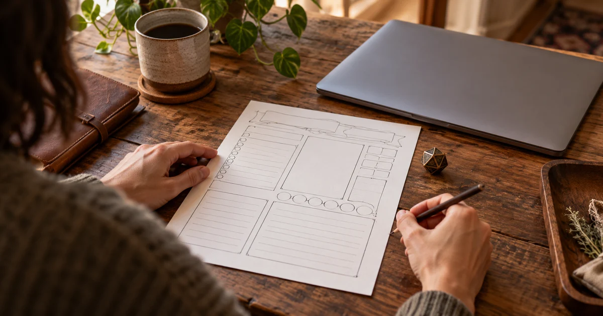 A fictional adult checks a blank character sheet beside a die and closed laptop.