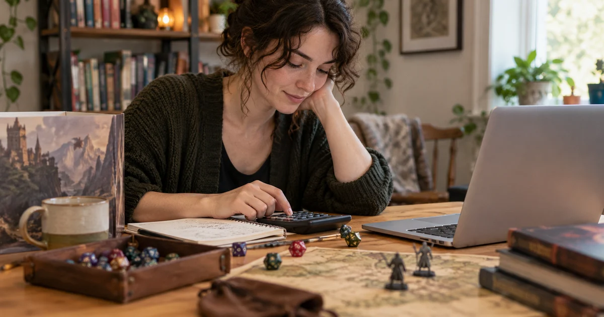 An adult roleplayer calculating a result beside dice and a laptop.