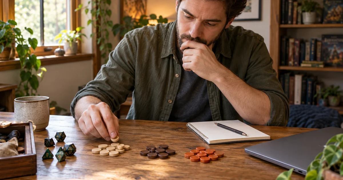 Fictional player reviews wooden counters beside dice and a notebook.