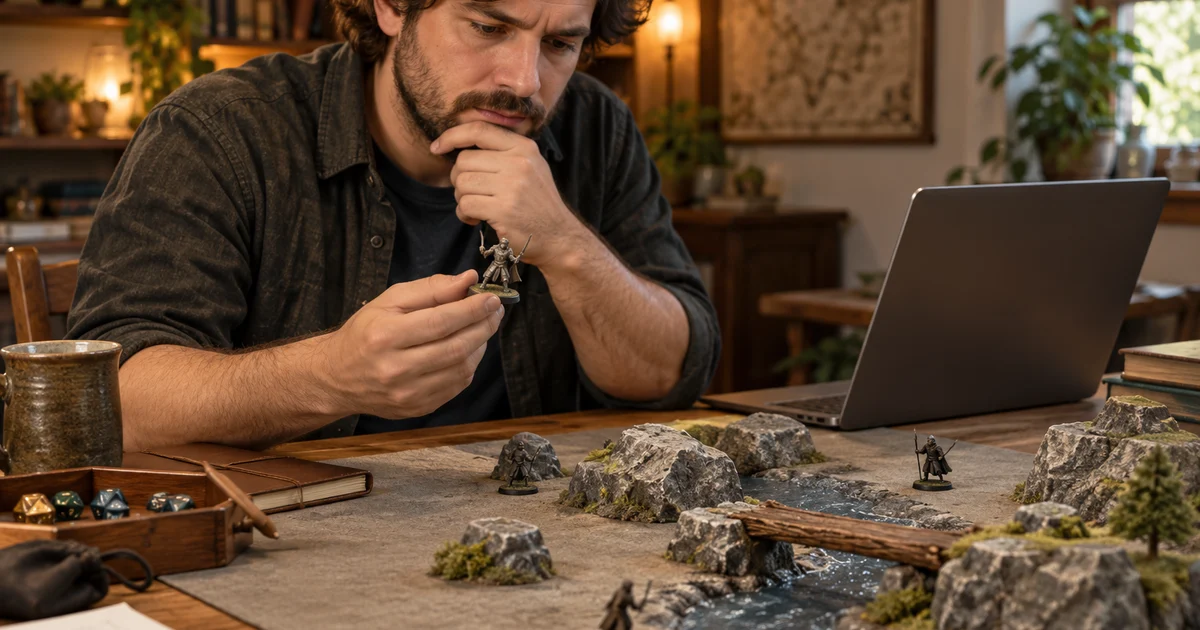 A fictional player studies miniatures and rocky terrain beside a laptop with its screen hidden.