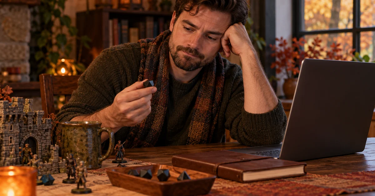 A fictional player looks at a die with no readable numbers beside a laptop with its screen hidden.