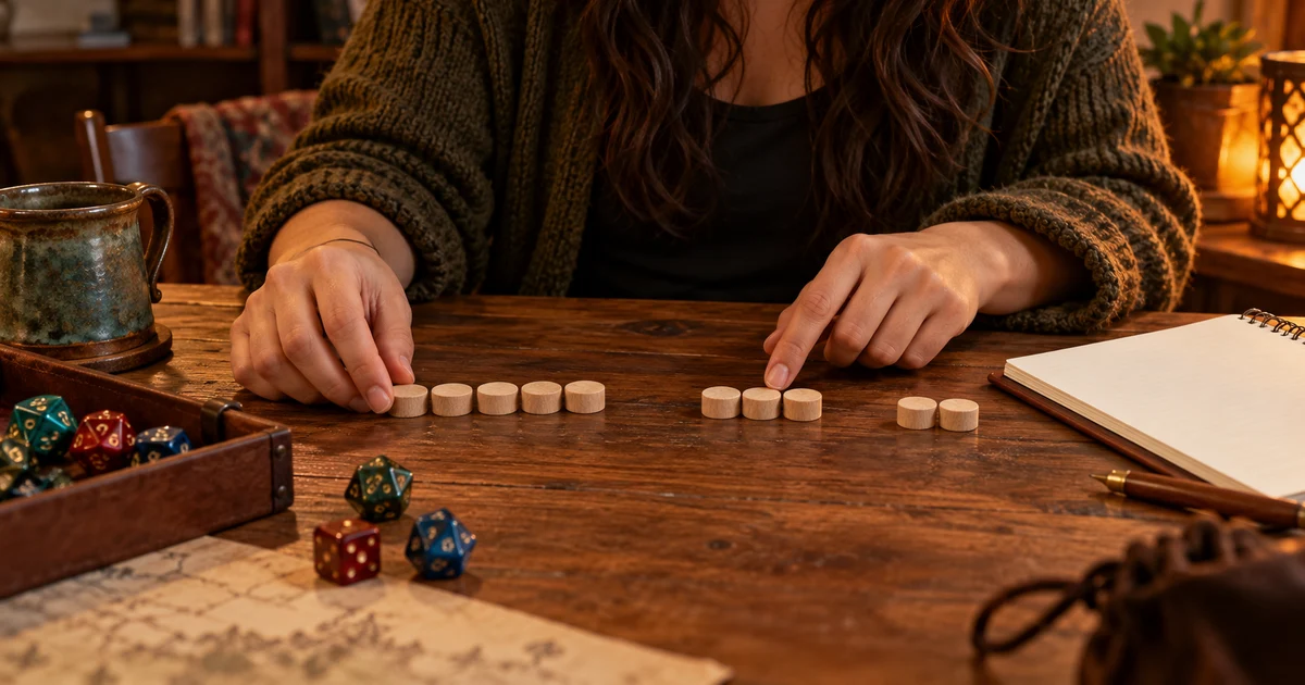 A fictional adult compares five wooden counters with separate groups of three and two beside dice and a blank notebook.