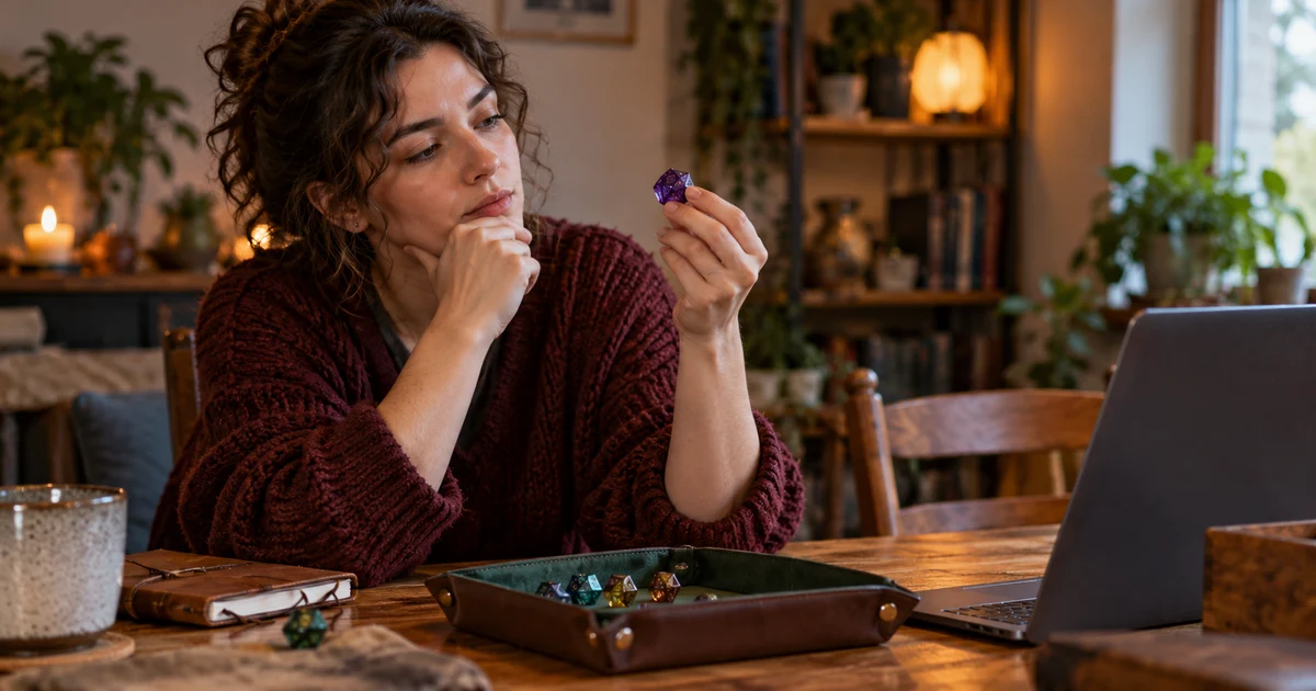 Fictional player examining a twenty-sided die beside a laptop.