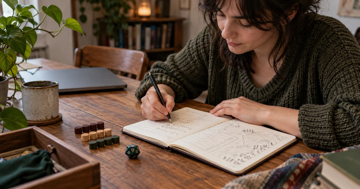 A fictional adult keeps a count in a notebook beside wooden markers and a die.