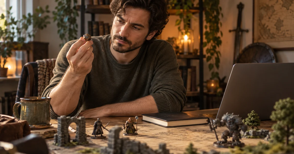 Fictional player considers one twenty-sided die beside a laptop with its screen hidden.