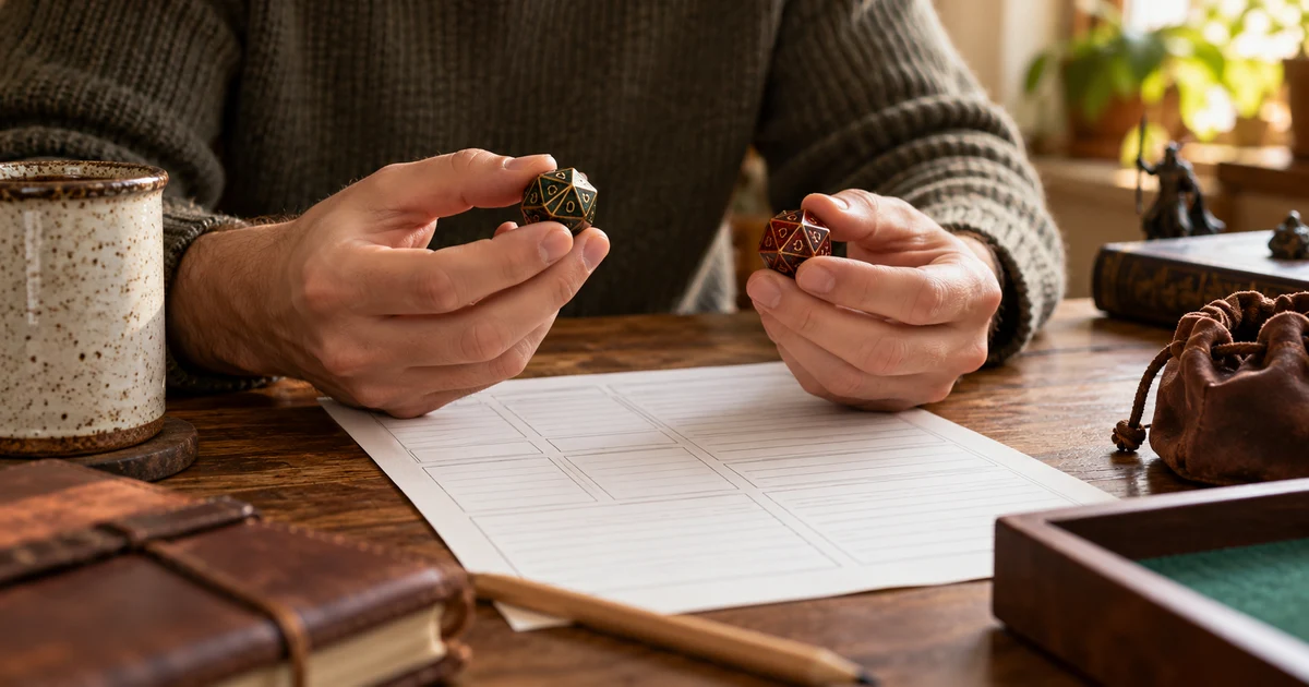 Fictional adult player’s hands holding two polyhedral dice beside a paper character sheet.