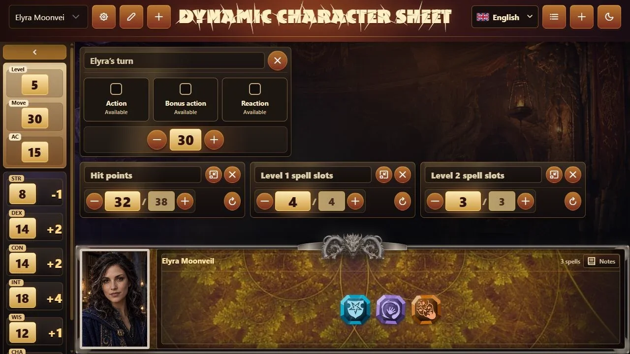 Real Elyra Moonveil character sheet showing abilities, actions, hit points and spells.